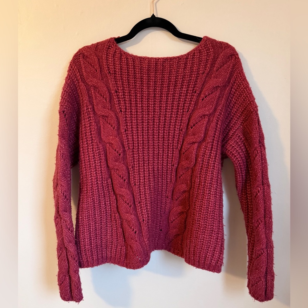 Anthropologie Alpaca Blend Chunky Cable Knit Sweater Raspberry Color Boho XS - Picture 3 of 6
